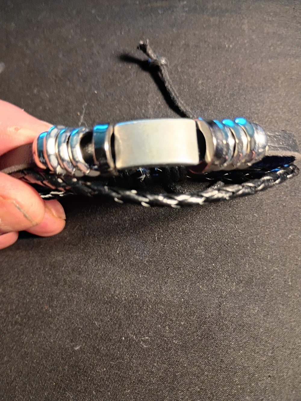 Black Braided Leather Men's Bracelet with Silver Accents